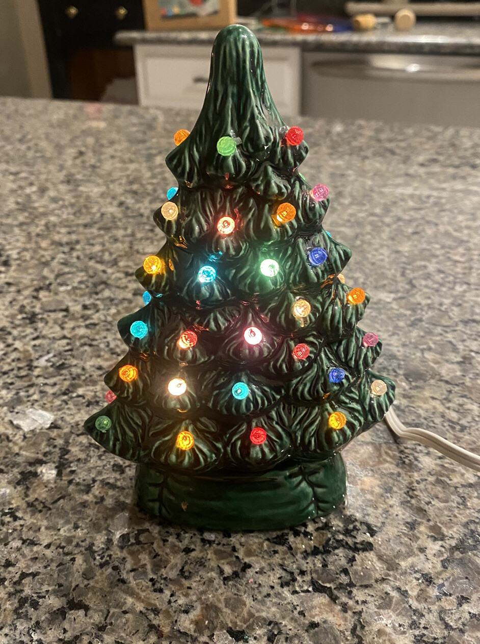 Vintage Miniature Green Ceramic Christmas Tree & Base Lighted 7