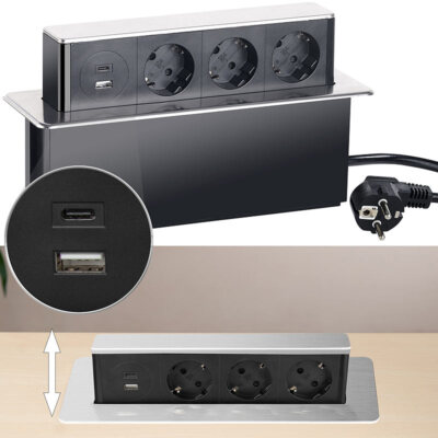 revolt Versenkbare 3-fach Einbau-Tischsteckdose, USB-C, PD & QC 3.0, silber