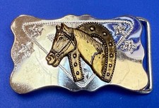 Horse Head Through Lucky Horseshoe Star Two Tone Reflective Western Belt Buckle