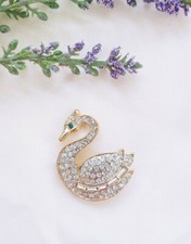  W vintage Swan Bird Crystal Baguette Rhinestone gold tone Majestic Brooch Pin