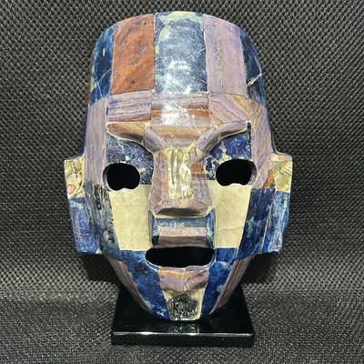 Mayan Aztec Mother of Pearl Abalone Lapis Inlay Death Burial Folk Art Mask 8''