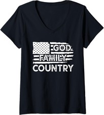 God Family Country Love Patriotic Christian US Flag Ladies' V-Neck Tshirt