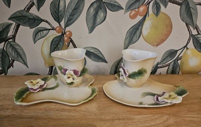 Unikat Vintage Teetasse & Untertasse Set 3D Blumen Stiefmütterchen Franz Stil