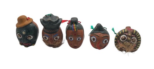 Lot  6 Japanese Clay Bell Ceramic Dorei old Dogu hand painted face boxed sighed