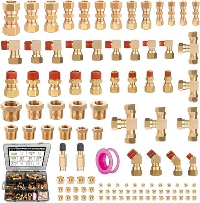 109Pcs Brass DOT Air Brake Line Fittings, 1/4'' 1/8'' 3/8'' 1/2'' 5/8'' Compression A