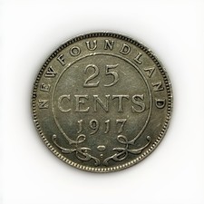 1917-C Newfoundland 25 Cents, 0.925 Silver Coin, XF Condition, Pre-Confederation