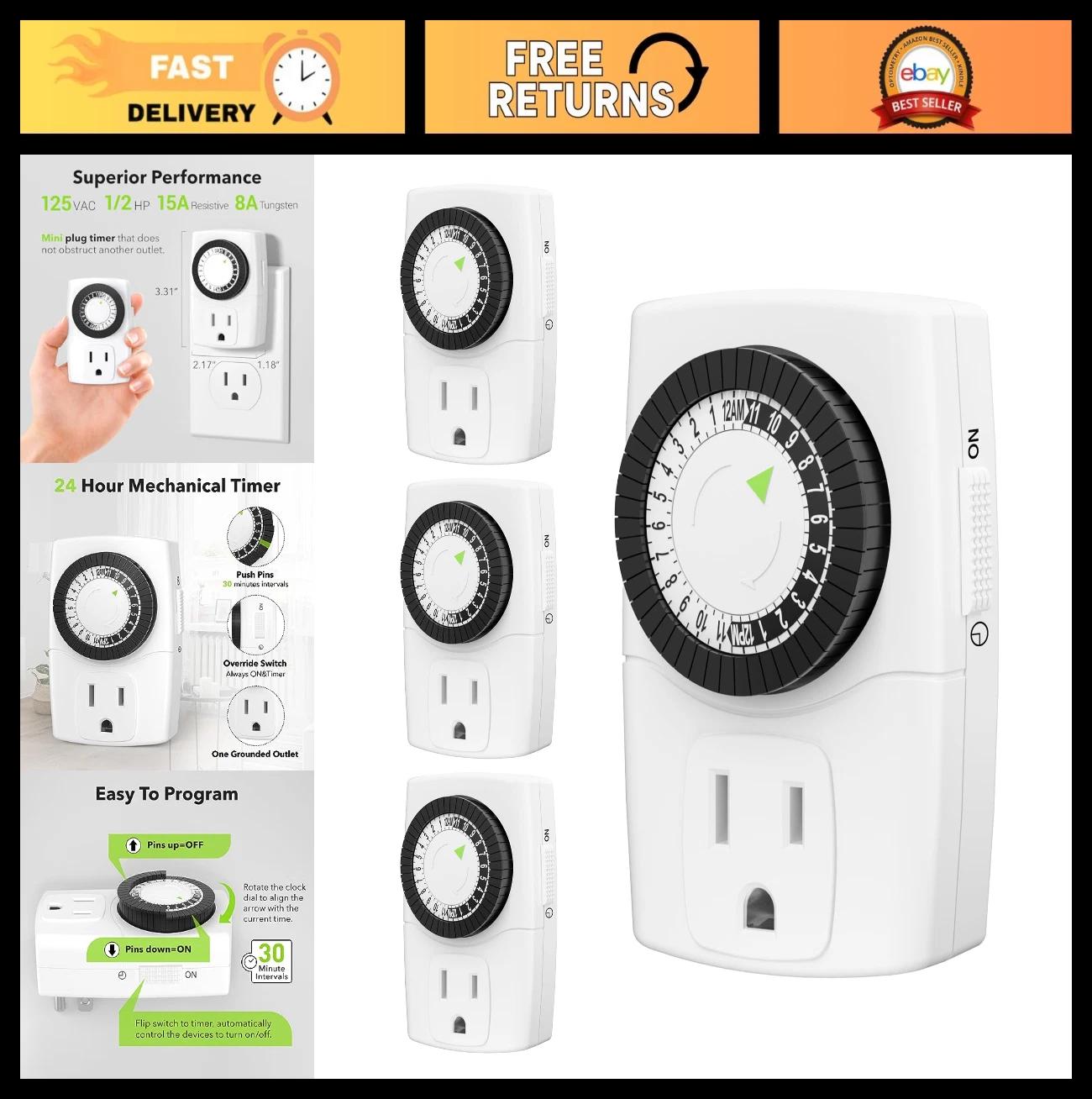 Indoor Mini 24-Hour Mechanical Outlet Timer, 3-Prong, 4-Pack - Energy Saving Plu