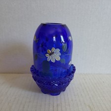 Vtg Fenton Cobalt Blue Fairy Lamp Hand Painted Floral Artist Signed S. Miller