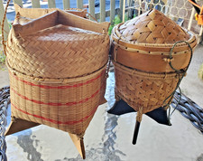 Vintage Thai sticky rice, hanging basket lot, hand woven w/ bamboo