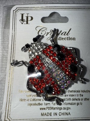 Small Brooch Ladybug Long Arms Silver Tone Red White Rhinestones Sparkly