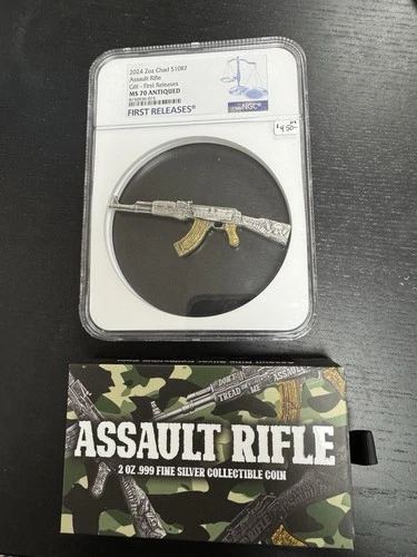 2024 Chad 2 oz Silver Assault Rifle Silver & Gold Gilt Shaped Coin .999 NGC MS70