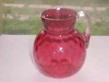 VINTAGE Cranberry Art Glass Thumbprint Art Glass Pitcher W/Ribbed Handle 6.5"H