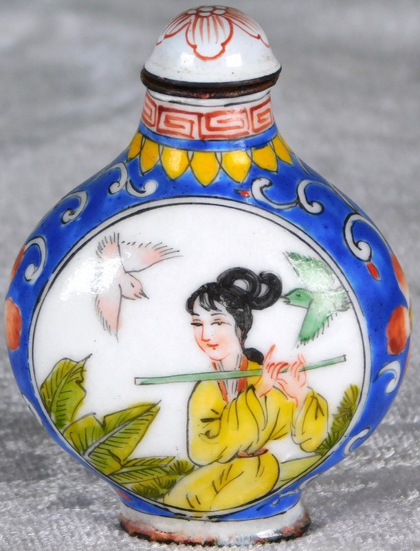 Antique Chinese Qing Marked Painted Women Enamel Copper Snuff Bottle 2 5/8"