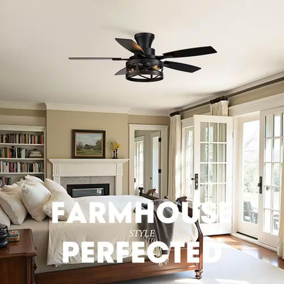 42 In. Flush Mount Farmhouse Ceiling Fan with Light Included Remote Control, Bla