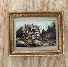 1/12 Dollhouse Miniature Victorian Portrait Of A Country Cottage In Gold Frame