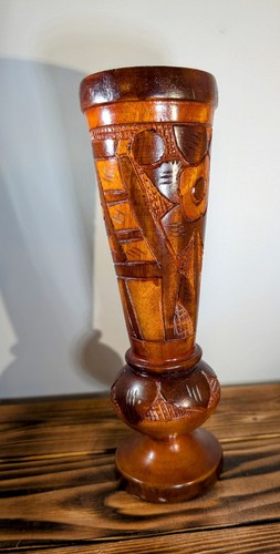 Vaso vintage in legno di mogano intagliato 10" disegno floreale non marcato - Foto 3 di 12