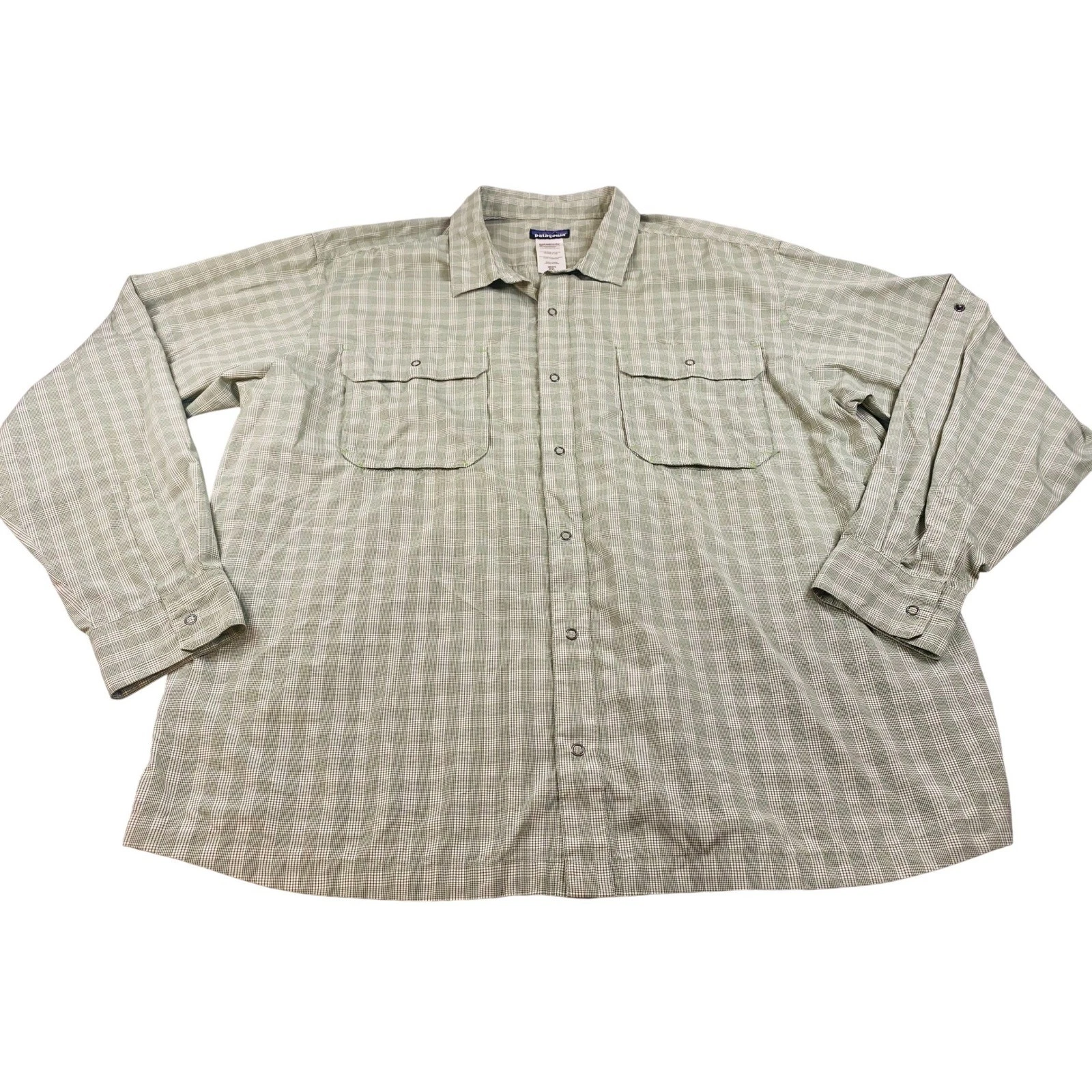 Patagonia Mens XXL Green Plaid Snap Front Long Sleeve Hiking Fishing Shirt