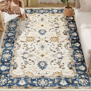 HOMCOM Machine Washable Area Rug 5x7, Boho Floral Print Carpet, Blue