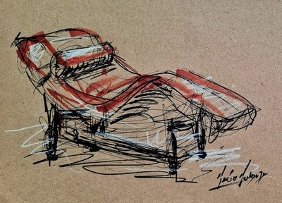 Original Mario Mendoza Skizze Zeichnung Arbeitszimmer Lounge Corbusier Stuhl Vintage Retro 