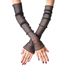 Women Girls UV Protection Long Lace Solid Fingerless Gloves Sunblock Arm Slee...