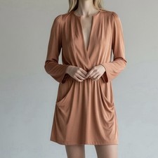 Reformation Peach Mini Dress 2 Deep V Long Sleeve Spring Wedding Guest Pockets
