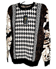 Barocco NEW 189 Mens Size 2XL Viscose Black White Long Sleeve Sweater Geometric