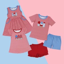 4th of July Patriotic Sibling Party Wear Toddler Embroidery Popsicle Set