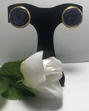 Earrings Gold Tone Blue Dark Lite Round Edged Circle Pierce 1" Vintage Jewerly