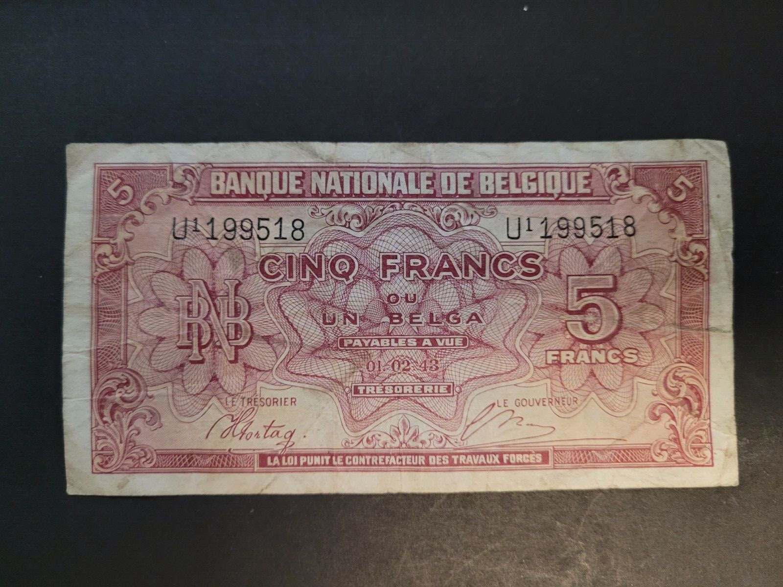 1943 Belgium 5 Franks WWII Currency Bank Note