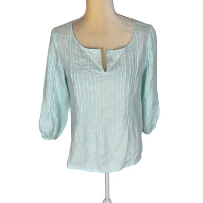 Talbots Sea Foam Green Blue Pintuck Linen Tunic Split Neck Blouse Petite Small