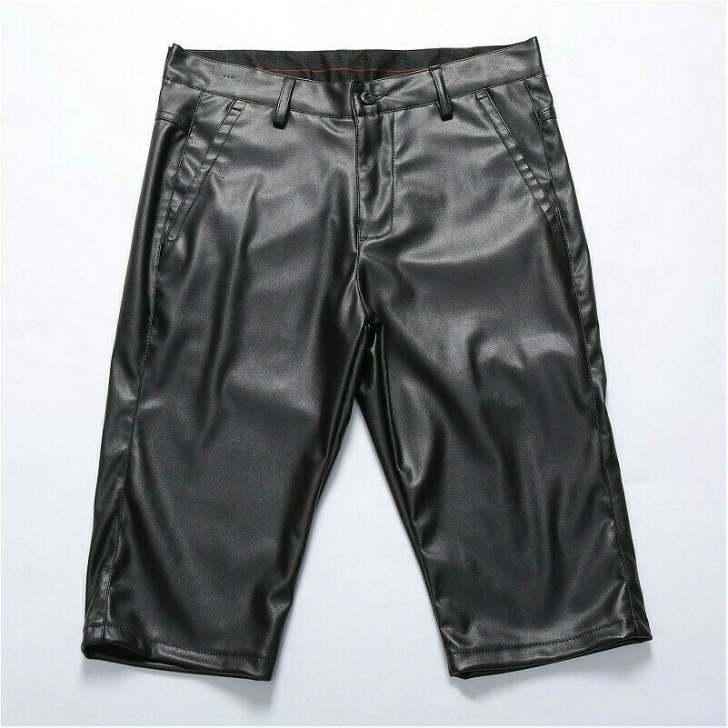 Men Fashion PU Leather Shorts Stretch Wet Look Short Pants Knee 