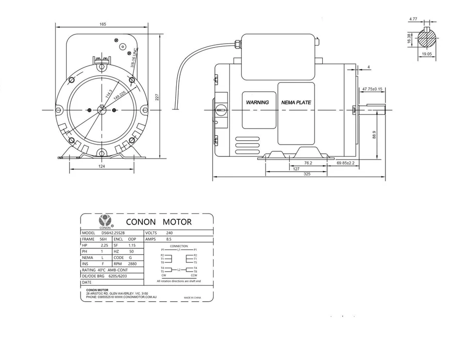 Single Phase NEMA Electric Motor 240V 1.65KW 2.25HP 2850rpm B56 1Ph CSCR 3/4" - Image 3 of 4