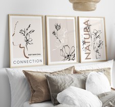 Set of 3 Beige Black Botanical Scandinavian Wall Art Prints Living Room Posters