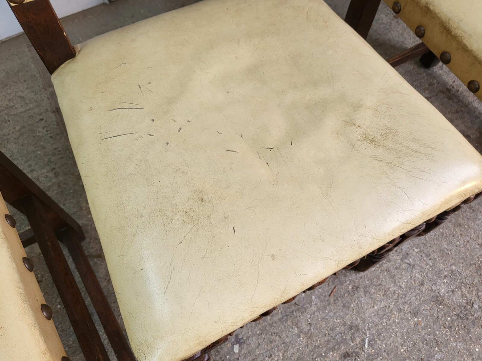 8 Antique Repro 17thC Style Oak Arched High Back Cream Leather Dining