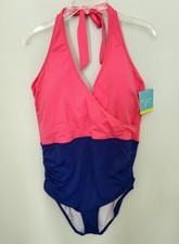 Bal Harbour One Piece Color Block Halter One Piece Tummy Control Swimsuit 20 New