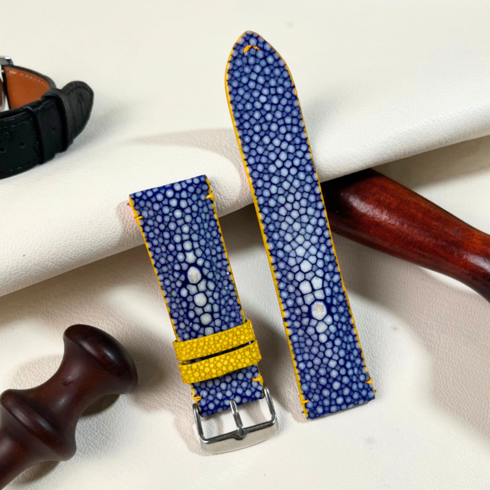 Blue Pearl Stingray Watch Strap Band, 18mm - 24mm Quick Release, Yellow Stitch