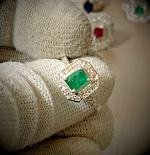 925 Sterling Silver Genuine Green Emerald Octagon Shape Sizable Woman Ring-208
