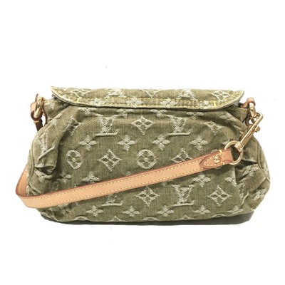 Rare LOUIS VUITTON Mini Pleaty Monogram Denim Khaki Shoulder Hand 