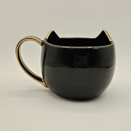 Pinky Up Black Cat Coffee/Tea Cup/Mug Gold Trim Message "PAWS AND REFLECT" - Picture 7 of 10