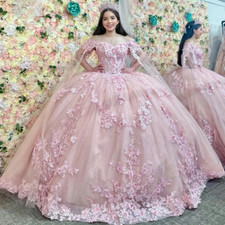 Pink Princess Quinceanera Dresses Ball Gown Sparkly 3D Floral Tull Coset Sweet16