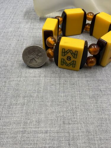 Vintage Mahjong Butterscotch Bakelite w/ Beads 65 Tile Panel Stretch Bracelet 7" - Picture 5 of 6
