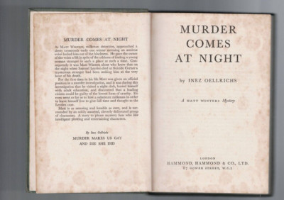 ANTIQUARIAN ,MURDER COMES AT NIGHT by INEZ OELLRICHS , 1951 pbl HAMMOND , SCARCE