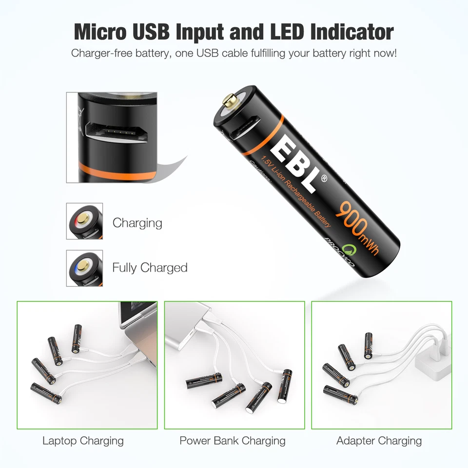 EBL 1.5V AAA AA Batteries USB Rechargeable Charging By USB Li-ion  w/ Cable Lot - Image 4 of 4