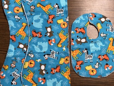 Burp Cloths Set Of 2  For Baby And Bib Handmade New  Baby Zoo Animals