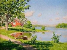 river boat garden house J. Krouthen Tile Mural Kitchen Backsplash Ceramic 10x8