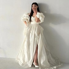 Princess A line Wedding Dress V Neck Puff Sleeves Floor Length Bridal Gowns