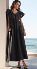 NWT ANN TAYLOR BLACK PETITE RUFFLE COLLAR MAXI FLARE DRESS SZ 4P 4 PETITE