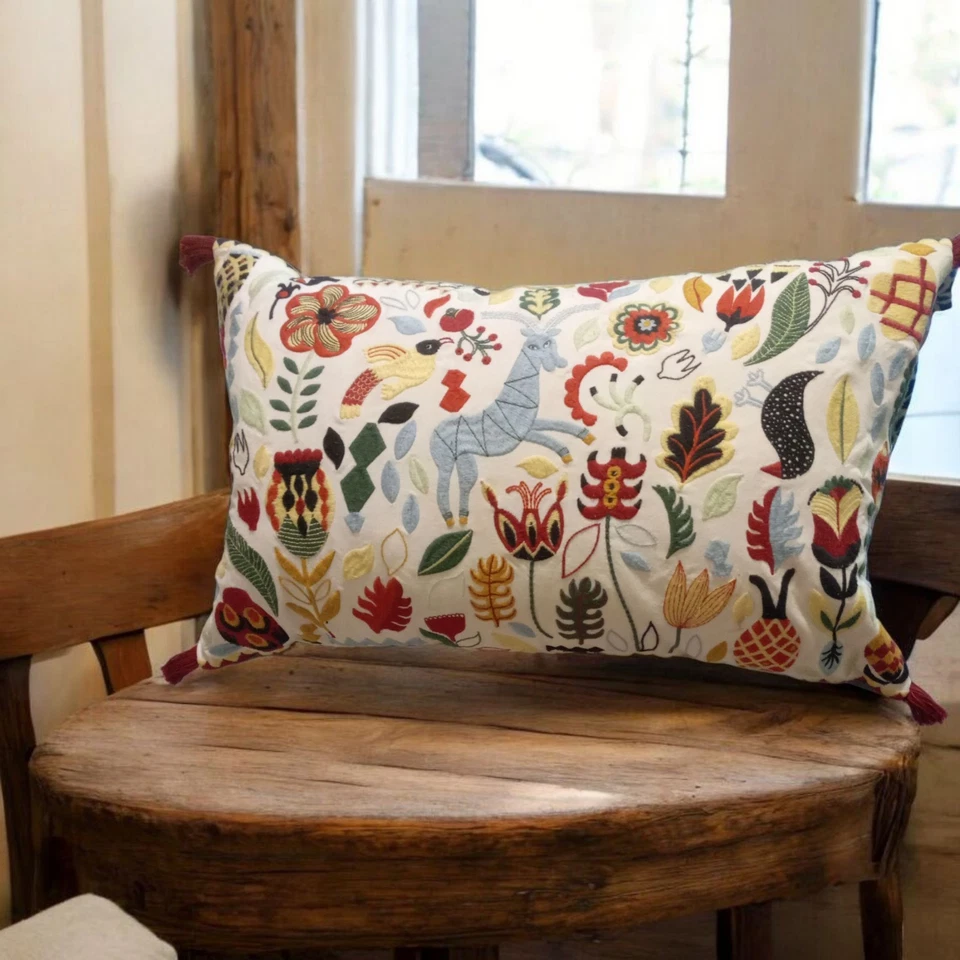 Embroidered Pillow Peruvian Theme Button Back Closure  16" X 26" Ikea Animal + - Image 2 of 3