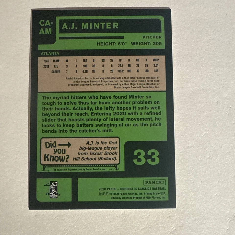 2020 Panini Chronicles - Classics Autographs A.J. Minter #CA-AM Gold /99 (AU) - Image 4 of 4