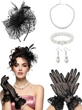 Fascinators Hat, Veil, Headband Feather, Derby Hat, Glove, Pearl Jewelry